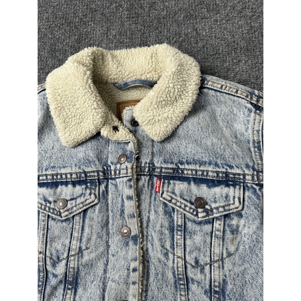 Womens Sherpa Lined Levi's Premium Denim Trucker Jacket Blue, Size S - Picture 4 of 11